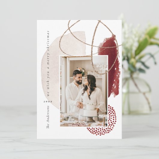 クリスマスレッモダンドジオメトリックフォトホリデーカード シーズンカード (スタンド正面)