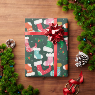 クリスマスレトロおもしろいストッキング緑 ラッピングペーパー
