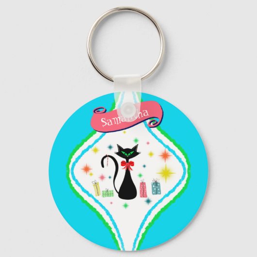 クリスマスレトロシャム猫パーソナライズネーム キーホルダー (正面)
