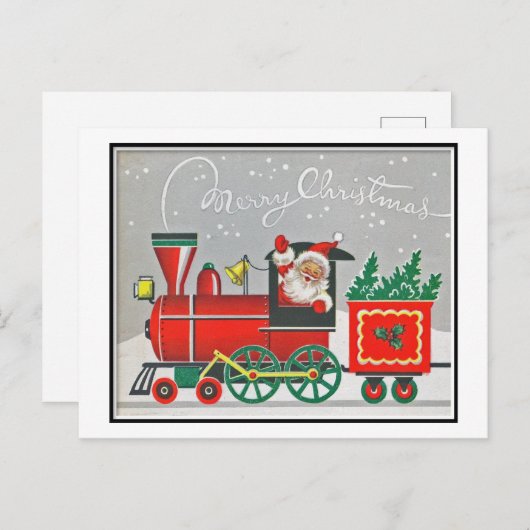 クリスマスレトロヴィンテージサンタレッドトレイン シーズンポストカード (正面/裏面)