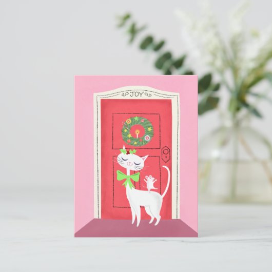 クリスマスレトロ白猫とマウスのはがき ポストカード (スタンド正面)