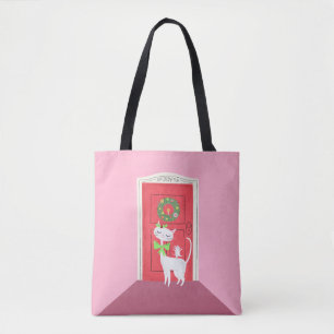 クリスマスレトロ白猫とマウスピンク トートバッグ