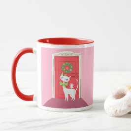 クリスマスレトロ白猫とマウスピンク マグカップ