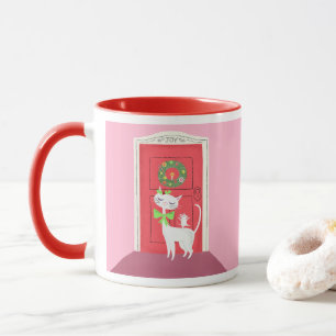 クリスマスレトロ白猫とマウスピンク マグカップ