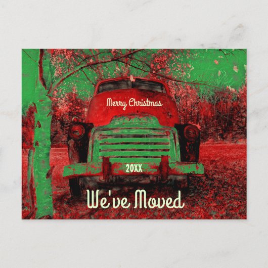 クリスマスレトロ素朴レッドトラック引っ越しました 案内ポストカード (正面)