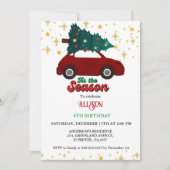 クリスマスレトロGroovy赤い車の誕生日パーティー 招待状 (正面)