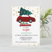 クリスマスレトロGroovy赤い車の誕生日パーティー 招待状 (スタンド正面)