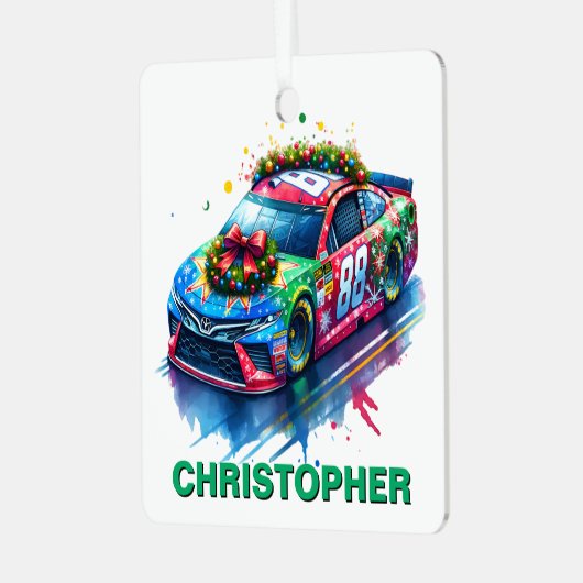 クリスマスレースカーレーシングファン名前をカスタムする メタルオーナメント (正面左)