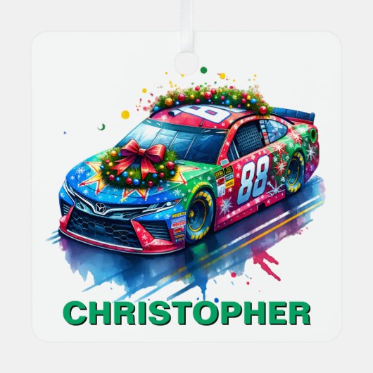 クリスマスレースカーレーシングファン名前をカスタムする メタルオーナメント (正面)