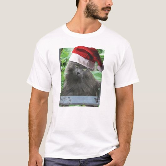 クリスマスロシアのブルーの猫背の長髪 Tシャツ (正面)