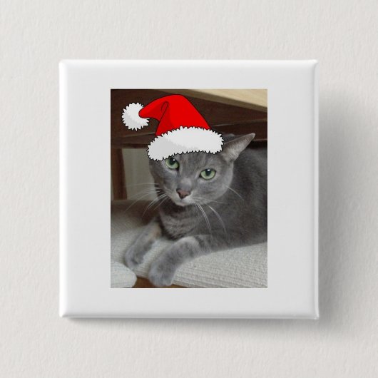 クリスマスロシアのブルーグレー猫 缶バッジ (正面)
