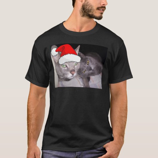 クリスマスロシアのブルーグレー猫 Tシャツ (正面)