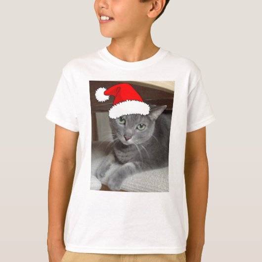 クリスマスロシアのブルーグレー猫 Tシャツ (正面)