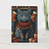 クリスマスロシアのプレゼント暖炉がついた青い猫 カード (正面)