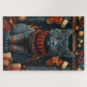 クリスマスロシアのプレゼント暖炉がついた青い猫 ジグソーパズル (横)