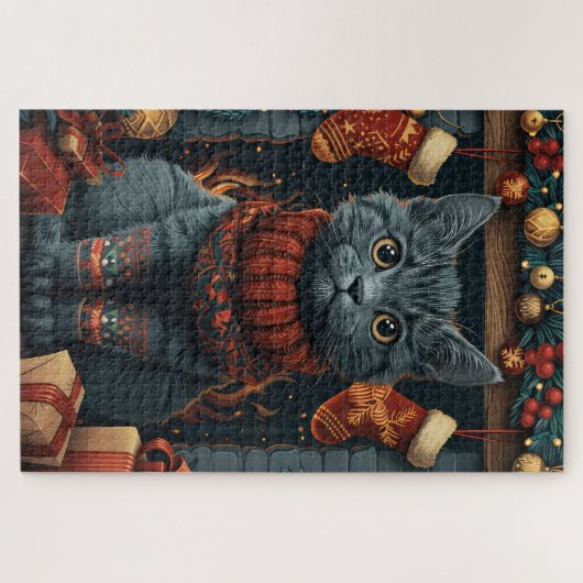 クリスマスロシアのプレゼント暖炉がついた青い猫 ジグソーパズル (横)