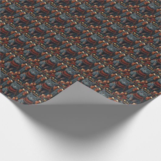 クリスマスロシアのプレゼント暖炉がついた青い猫 ラッピングペーパー (角)