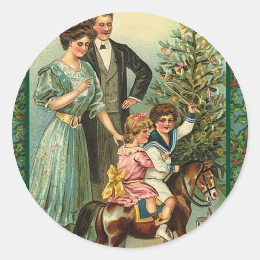 クリスマスロッキングホースヴィンテージアートカード ラウンドシール (正面)