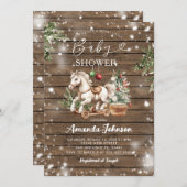 クリスマスロッキングホース素朴ウッドベビーシャワー 招待状 (正面/裏面)