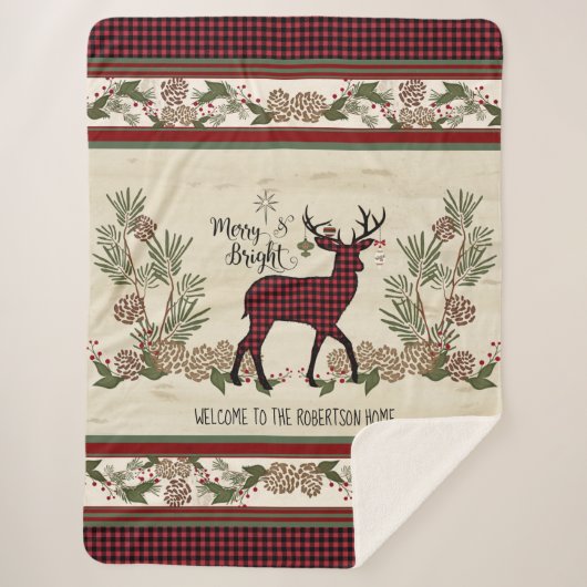 クリスマスロッジメリーブライトディアバッファロープレイド シェルパブランケット (正面)
