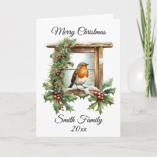 クリスマスロビンとホリーカード サンキューカード (正面)