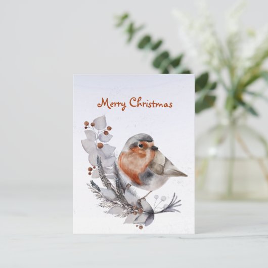 クリスマスロビンレッドブレストフローラウォーターカラー シーズンポストカード (スタンド正面)