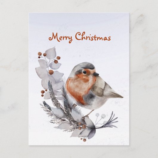 クリスマスロビンレッドブレストフローラウォーターカラー シーズンポストカード (正面)
