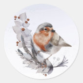 クリスマスロビンレッドブレストフローラウォーターカラー ラウンドシール (正面)