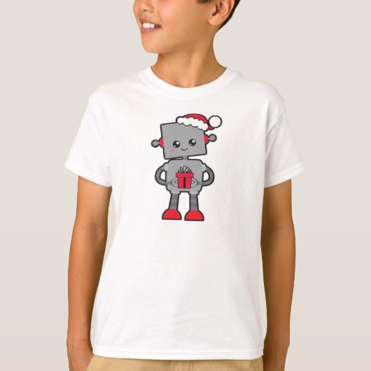 クリスマスロボット，かわいいロボット，サンタハット，贈り物 Tシャツ (正面)