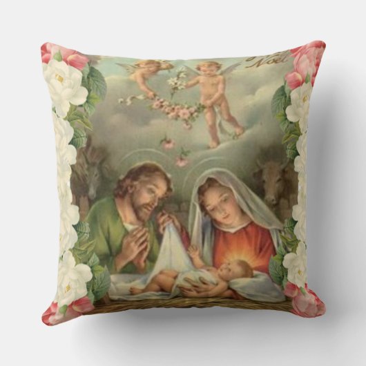 クリスマスローズのベビーイエス・キリストセントジョーゼフ、メリーの天使 クッション (裏面)