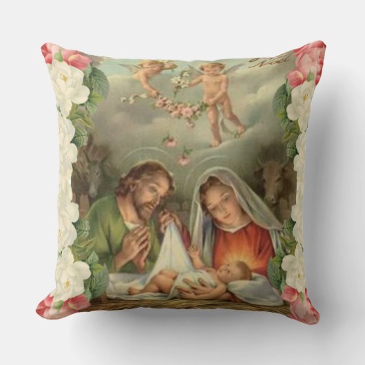 クリスマスローズのベビーイエス・キリストセントジョーゼフ、メリーの天使 クッション (正面)