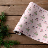 クリスマスロードトリップシックなピンクのレトロ水色の車 ラッピングペーパー