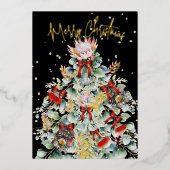 クリスマスワイルドフラワーの木のグリーティエレガントング 箔シーズンカード (正面)
