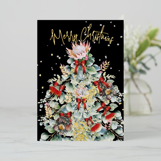 クリスマスワイルドフラワーの木のグリーティエレガントング 箔シーズンカード (立ち正面)