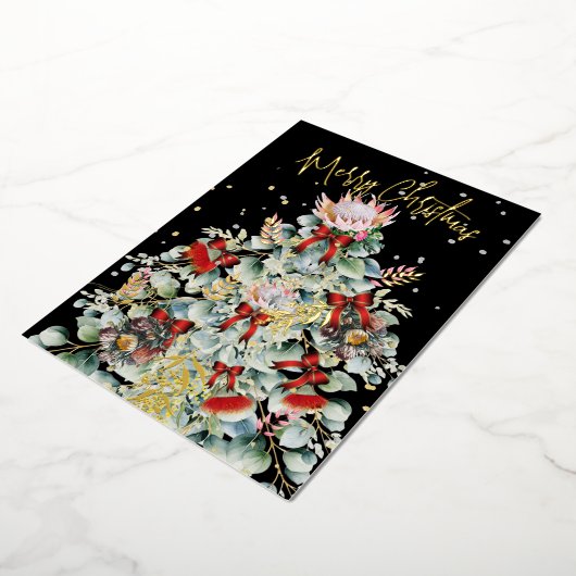 クリスマスワイルドフラワーの木のグリーティエレガントング 箔シーズンカード (回転した状態)