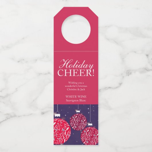 クリスマスワインのラベルは赤い青でパーソナライズされたある ボトルネックタグ (正面)