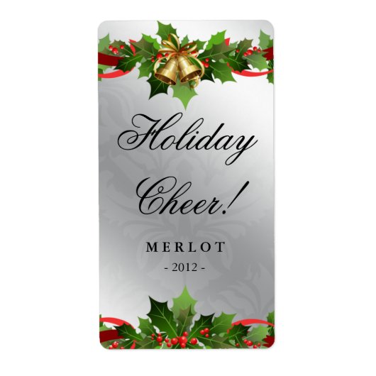 クリスマスワインラベルホリーシルバーベルズダマスク ラベル (正面)