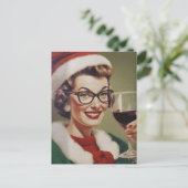 クリスマスワインヴィンテージ女性サンタハット ポストカード (スタンド正面)