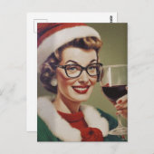 クリスマスワインヴィンテージ女性サンタハット ポストカード (正面/裏面)