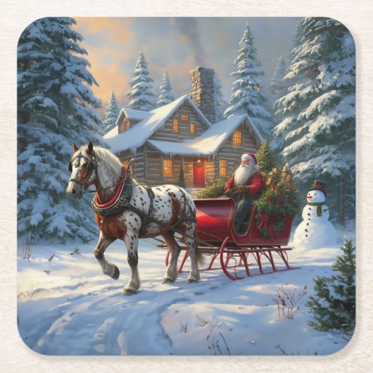 クリスマスワンホースライサンタ スクエアペーパーコースター (正面)