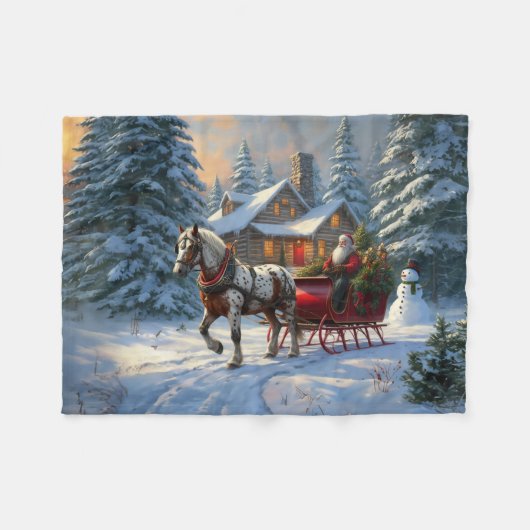 クリスマスワンホースライサンタ フリースブランケット (正面(横))