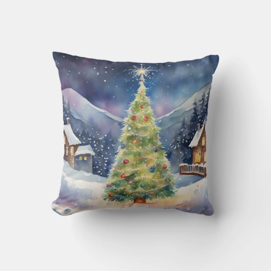 クリスマスヴィリアージュスノーウィーホリデーツリーライトズ クッション (正面)