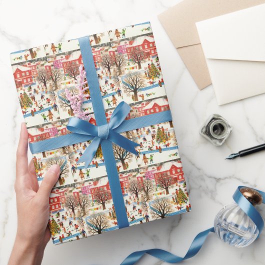 クリスマスヴィレッジスノーレトロビンテージクリスマス ラッピングペーパー (ギフト)