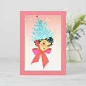 クリスマスヴィンテージの女の子の帽子として木を着て シーズンカード (スタンド正面)