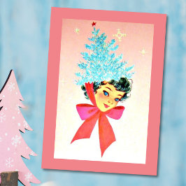 クリスマスヴィンテージの女の子の帽子として木を着て シーズンカード