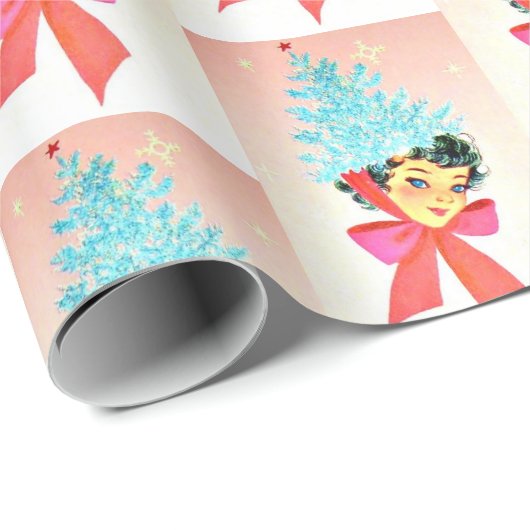 クリスマスヴィンテージの女の子の帽子として木を着て ラッピングペーパー (ロールコーナー)