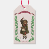 クリスマスヴィンテージの女の子の鳥と緑のホリー ギフトタグ (正面)