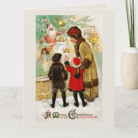 クリスマスヴィンテージの女性と子供ウィンドウショッピング カード (正面)