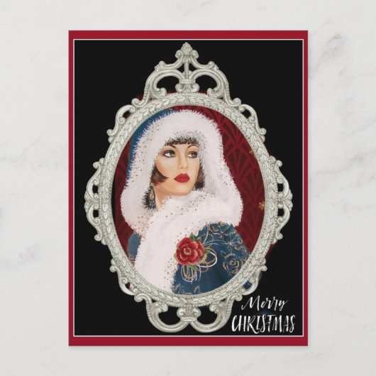 クリスマスヴィンテージエレガントアールデコ女性葉書 ポストカード (正面)