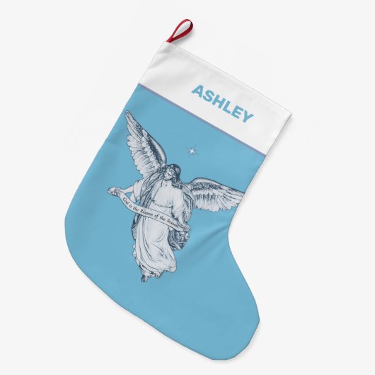 クリスマスヴィンテージエンジェルオンライトブルー ラージクリスマスストッキング (正面 (吊り時))